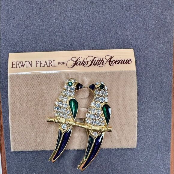 Vtg Erwin Pearl Parrot Brooch for Saks Fifth Ave Rhinestone Enamel Lovebirds Pin - Picture 2 of 8